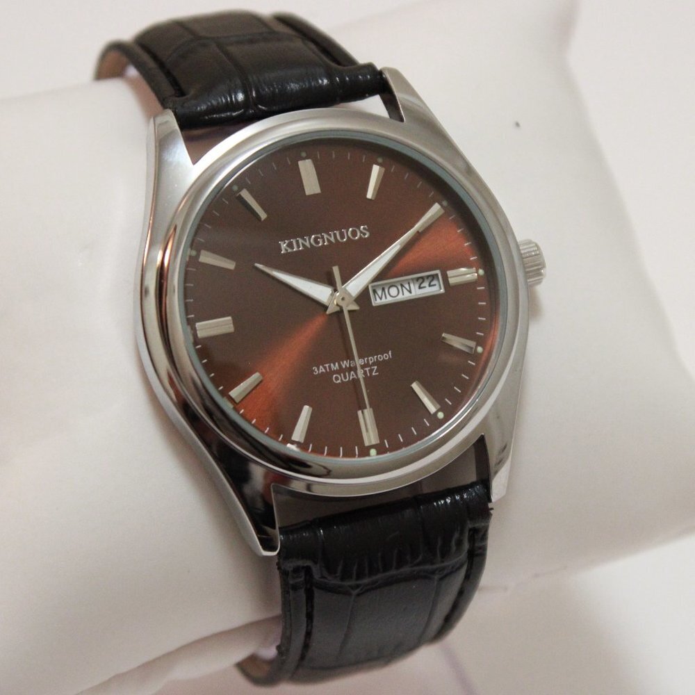 Men's Contemporary Dress Watch Silver Case Black Leather Watch Strap 40mm - Picture 2 of 13